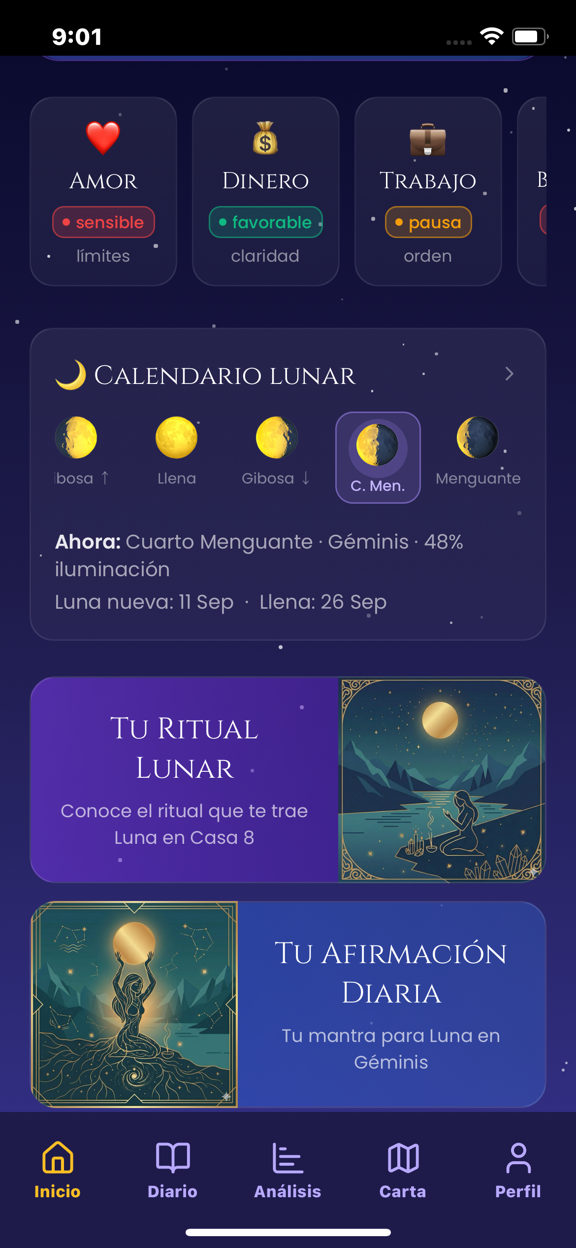 Clima astral diario, calendario lunar y rituales dentro de Astria