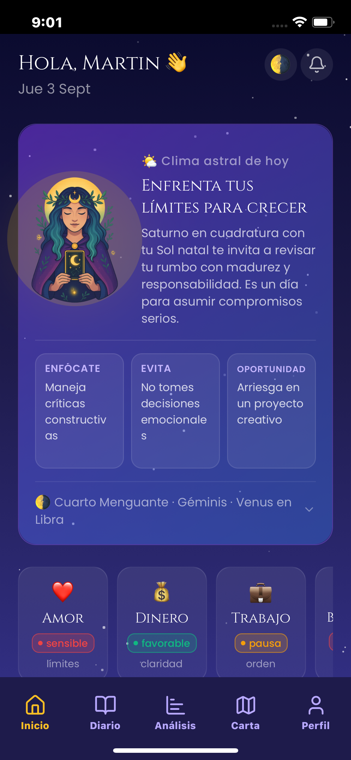 Inicio de Astria con el clima astral personalizado del día