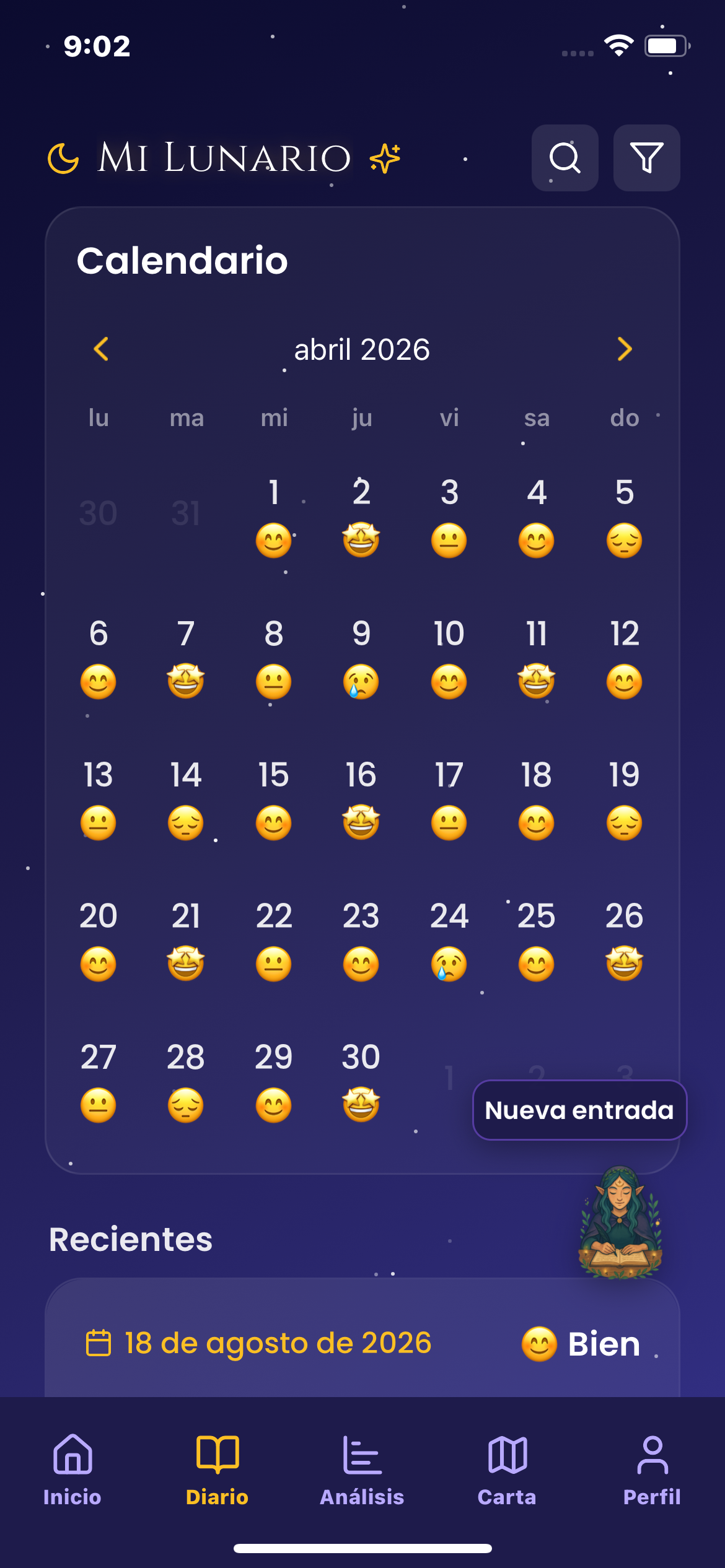 Calendario del diario emocional de Astria